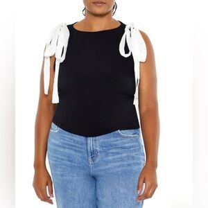 FOREVER 21+ Plus 0X XL Black Tank White Bow Shoulder Ties R$20 NWT